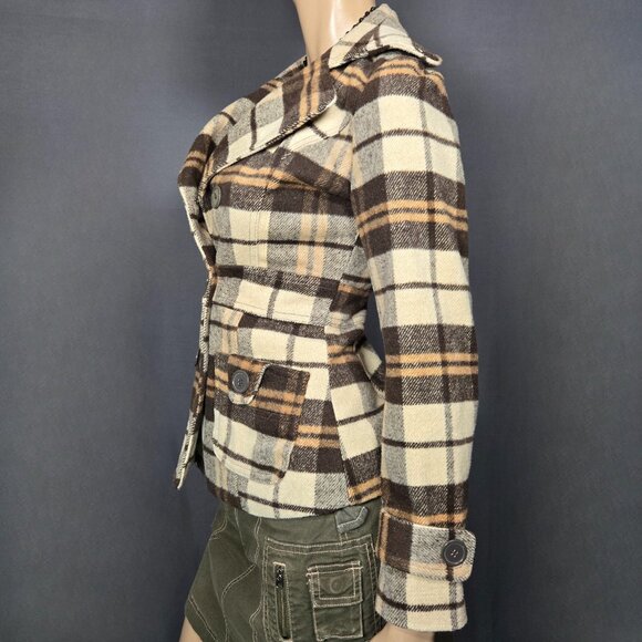 Y2K Fitted Plaid Pea Coat Jacket Size XS Brown Beige Wool Blend Fall Winter - Picture 7 of 14